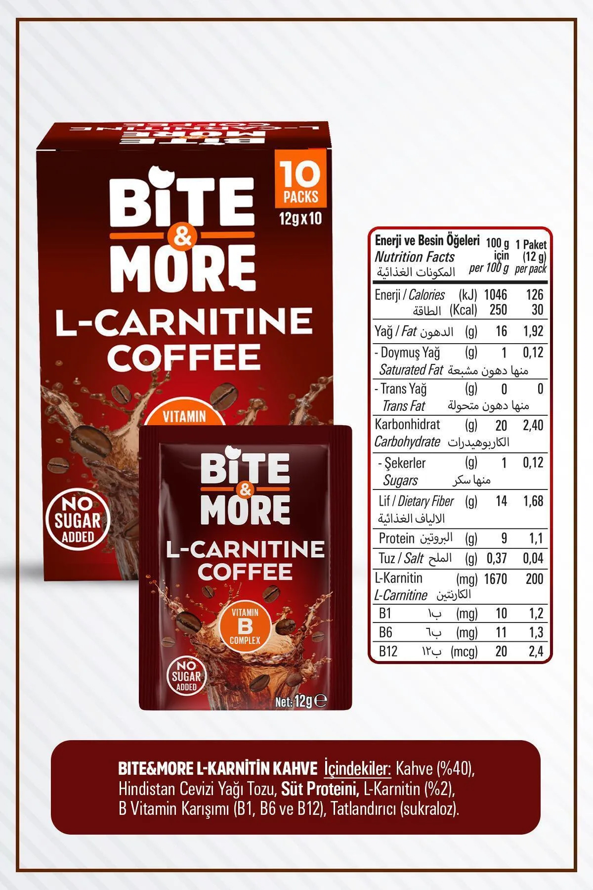 Bite & More L-Carnitine Coffee 12 GR - Şekersiz