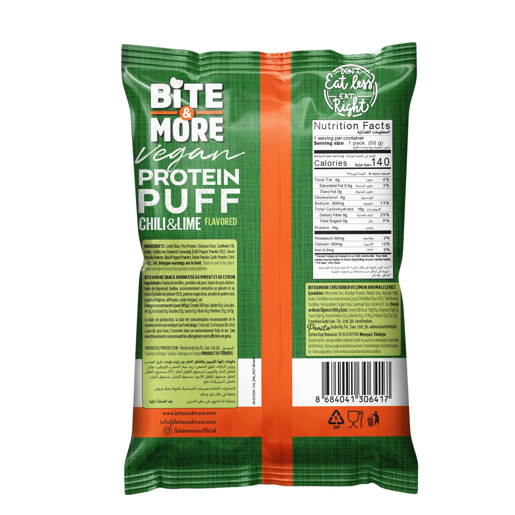 Bite & More Proteinli Vegan Cips 50 GR - Chili & Lime