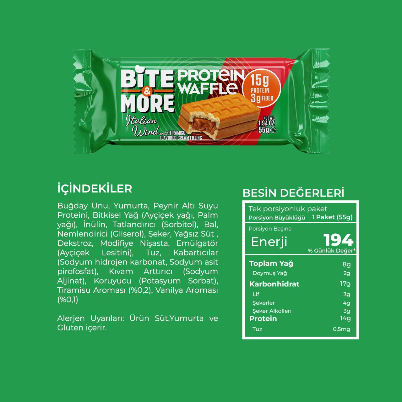 Bite & More Protein Waffle 55 GR - Tiramisu - 12 Adet