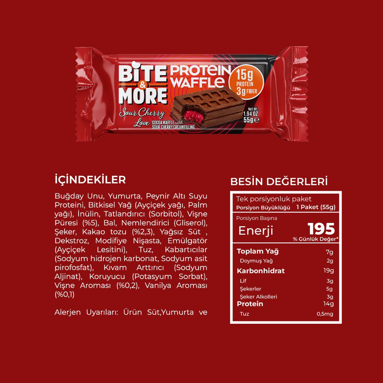 Bite & More Protein Waffle 55 GR - Cherry - 12 Adet