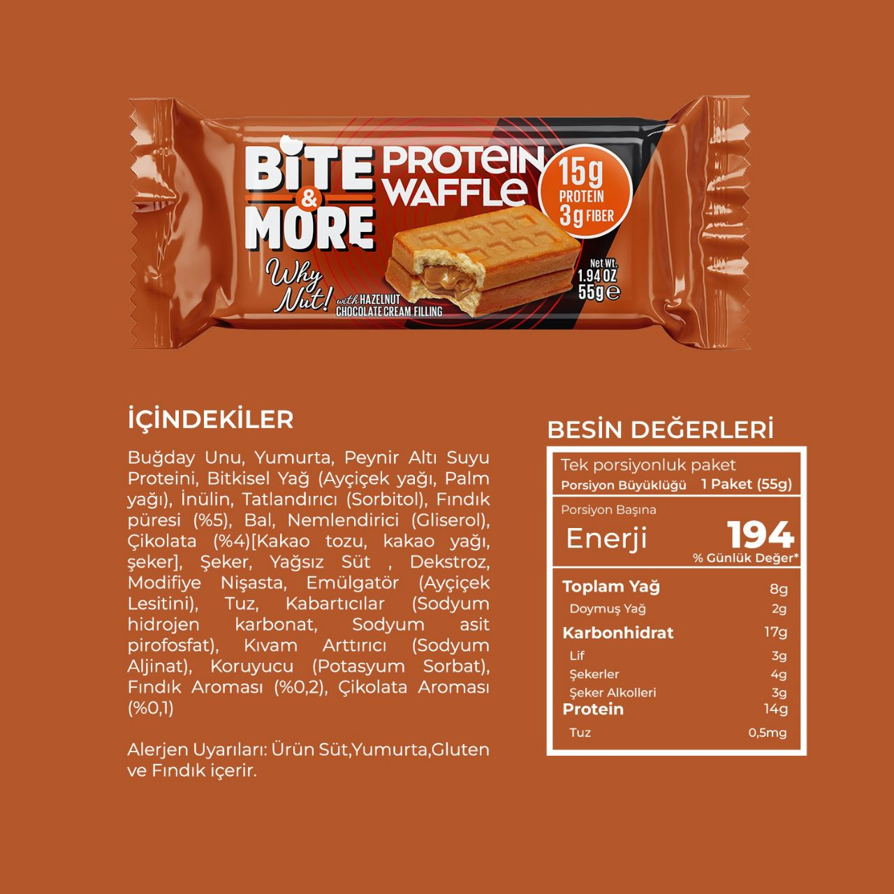 Bite & More Protein Waffle 55 GR - Hazelnut - 12 Adet